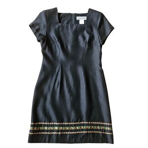 Vtg Jessica Howard Dress Size10 Black Floral Embroidered Square Neck Cottagecore
